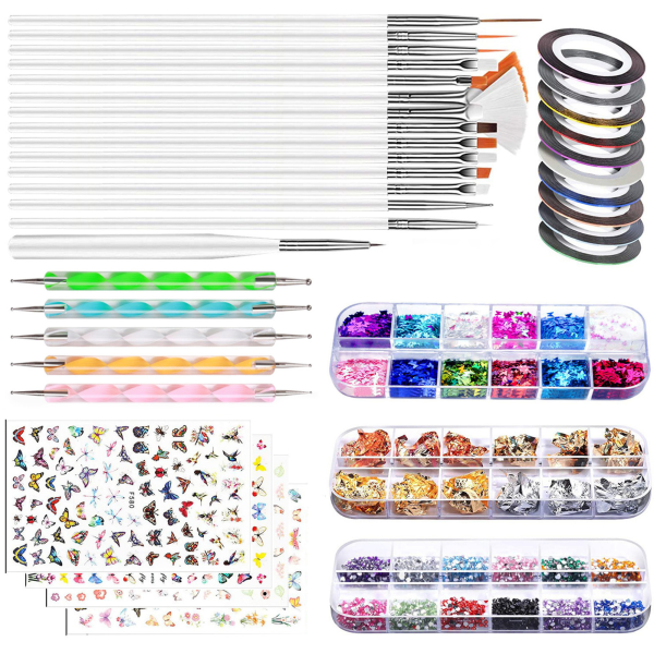 Nail art Kit Komplett nagelborste Strasssats med klistermärken Prickig penna Folie Flingor Guld Silver Tråd