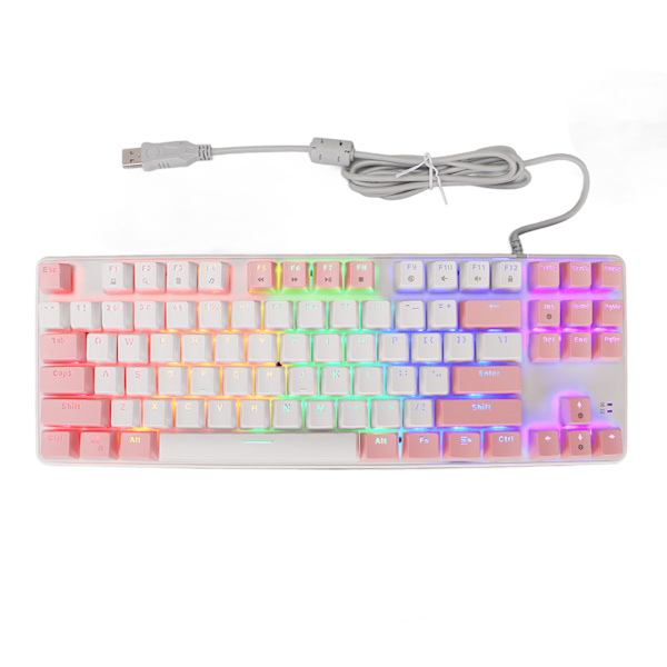 Mekanisk speltangentbord 87 tangenter Blå brytare RGB-bakgrundsbelysning USB-kabelanslutet mekaniskt tangentbord för PC bärbar dator stationär dator vit rosa