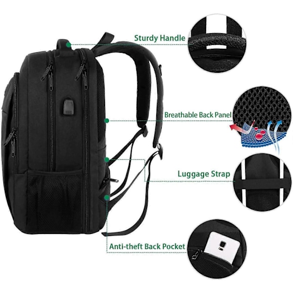 Reseryggsäck för Laptop, Lättviktsväska för Arbete med USB-laddningsport, Stöldskyddande Affärsryggsäck för Män och Kvinnor, Passar 15,6 Tums Laptop - Svart