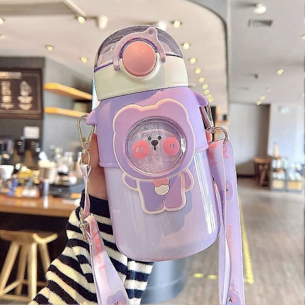 Kawaii Vannflaske med Sugerør, Søte Vannflasker med 3D Kawaii Klistremerke, Rustfritt Stål Vannflaske 600ml (Lilla)