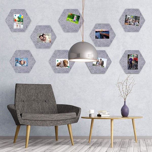 Hexagonformade filtanslagstavlor - Set om 10, grå, 5,9 x 7 tum / 15 x 17,7 cm, heminredning för kontor och klassrumsväggar (stift ingår ej)