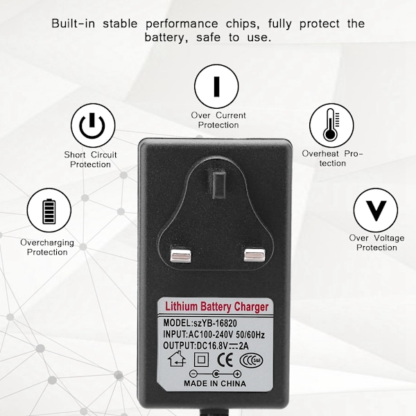 AC100-240V DC 16.8V 2A Ersättningsströmadapter Litiumjonbatteriladdare Säker laddning Storbritannien