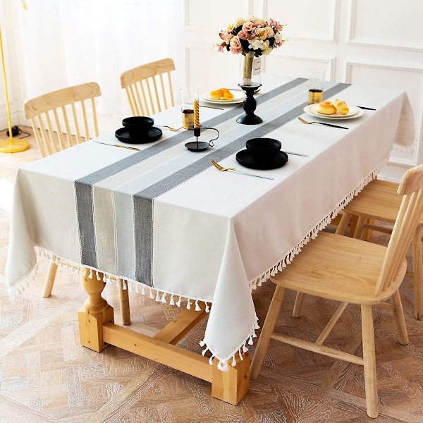 Randig Bomullslinne Dukskydd Dammskydd för Hemkök Dekoration Rektangulär 140x240cm Grå Vit