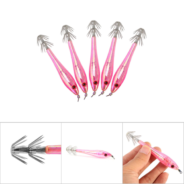 5 stk 9,5 cm plast hard blekksprutfiske lokker med dobbel krok (rosa)