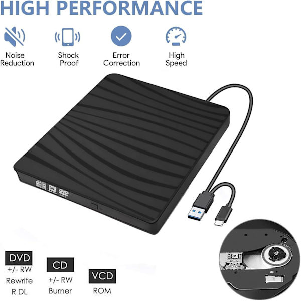 USB 3.0 Type-C -ulkoinen CD/DVD-asema, kannettava ohut RW/ROM CD-poltin Windows 11/10/8/7/XP/Vista/Mac OS