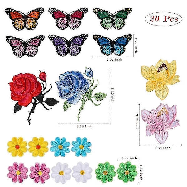 20 stk. Blomster Sommerfugl Stryke på Merker Sy på Broderi Applikasjoner Merker kompatible med Kunst Håndverk DIY Dekorasjon