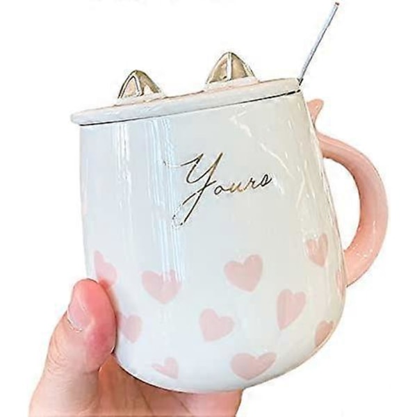 Unicorn Mugg med Lock Sked 3D Söt Keramisk Kaffe Te Kopp Par Mugg Set Födelsedagspresent för Kvinnor Vän Älskare (katt hjärta 430 ml)