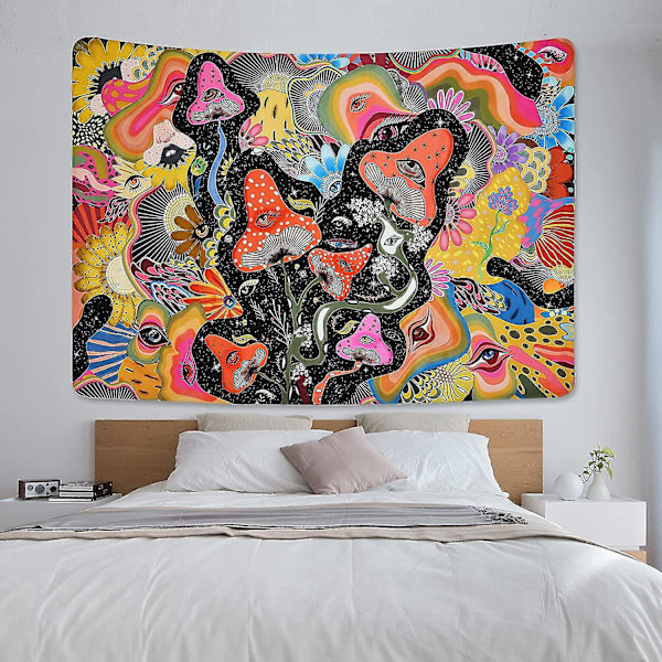 Psykedeelinen sieni- ja kukkakuvio - värikäs Trippy seinäteline (200x150cm)