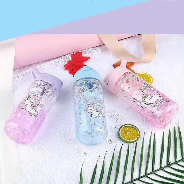 Violte Enhjørning Vandflasker til Piger, Kop med Sugerør og Sikkerhedslås, Pink Ydre Indre Vandflaske, 500ml/13.5oz til Skolebørn Pige Enhjørningeelsker