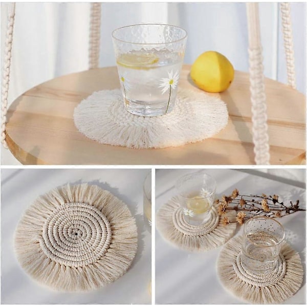 2 KPL Käsintehty Makrame Aluslautasetti, Käsin Kudottu Tabletti 18cm Halkaisija, Bohemian Puhdas Vuoristorata
