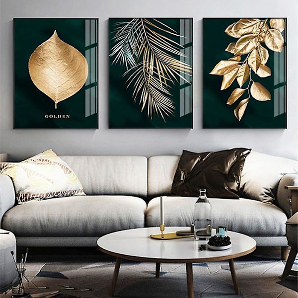 Set med 3 Design Väggaffischer Skog Guldblad Palm Träd Ramlös Väggkonst Dekor För Vardagsrum