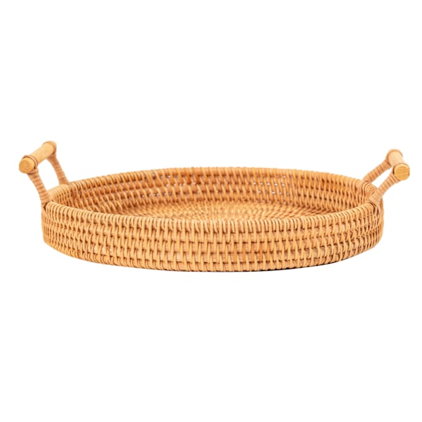 Håndvævet rund flettet bakke af rotting til servering af brød, frugt, desserter og snacks med håndtag, diameter 24 cm, højde 3 cm