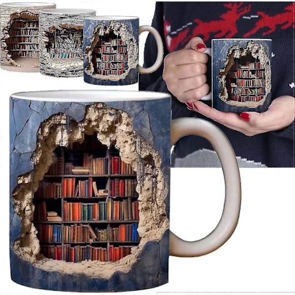 3D Bogreol Krus, 3D Effekt Bøger Krus, Kreativt Rumdesign Multifunktionelt Keramisk Krus, Kaffekrus Gave Til Bogelskere ZD A