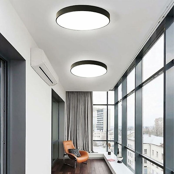 LED taklampe med bevegelsessensor for balkong, garasje, inngangsparti, gang, enkel installasjon, taklampe 6000K kaldhvit, rund Ø30CM svart