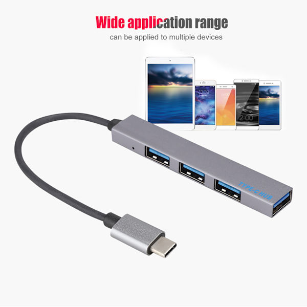 Aluminium magnesiumlegering Typ C till USB2.0 4-portars hubbadapter stöder OTG-funktion (grå)