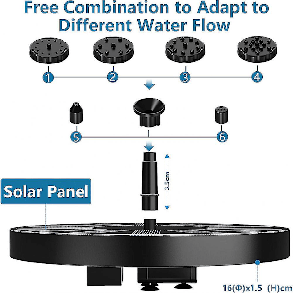 Flytande solfontänpump för utomhusbruk, solpool med 6 munstycken, används för fågelbad, damm, pool, innergård, trädgårdsdekoration