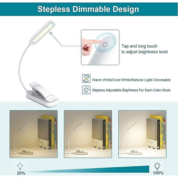 9 LED Leselys, Oppladbart Leselys Lampe i 3 Lysstyrkemoduser (Kjølig Hvit/Varm Gul), Dimbar Leselys for Bok i Sengen, Bokklemme