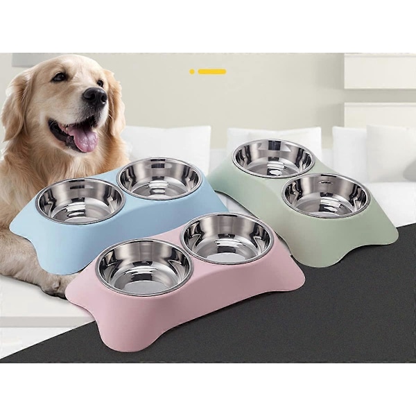 Dobbelt Hundeskål, Skridsikker Dobbelt Skål i Rustfrit Stål med Spildbeskyttelse til Små Hunde og Katte (S, Pink)