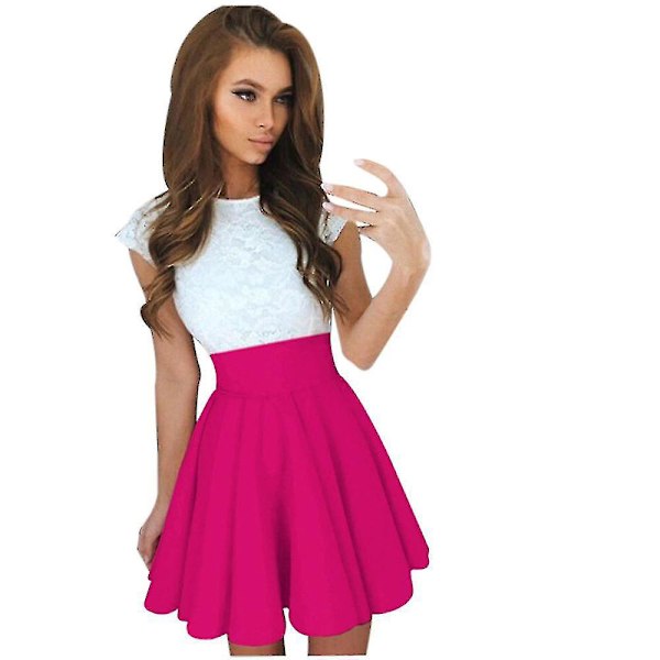 Lace Skater Mini Dress Women's Summer Cocktail Party Short Sleeve Pink