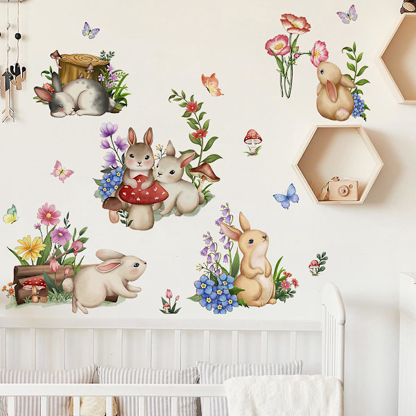 En uppsättning väggdekaler med kaniner, blommor och fjärilar - väggdekor för barnrum