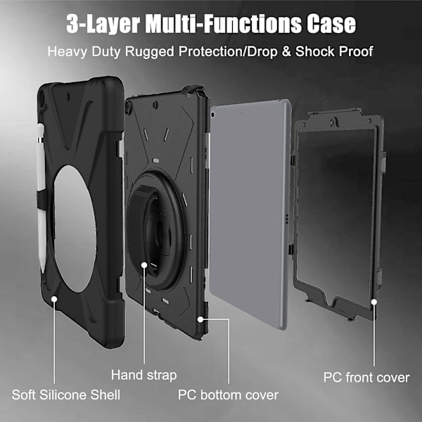 Stötsäker robust fodral för iPad 10,2\" - Svart, 9:e/8:e/7:e generationen, med pennhållare, vridbart stativ, axelrem, handrem