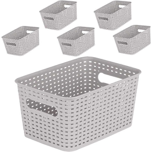 Plast Opbevaringskurv - Køkken Kontor Spisekammer Organizer Beholdere (Lille-6PK, Grå)
