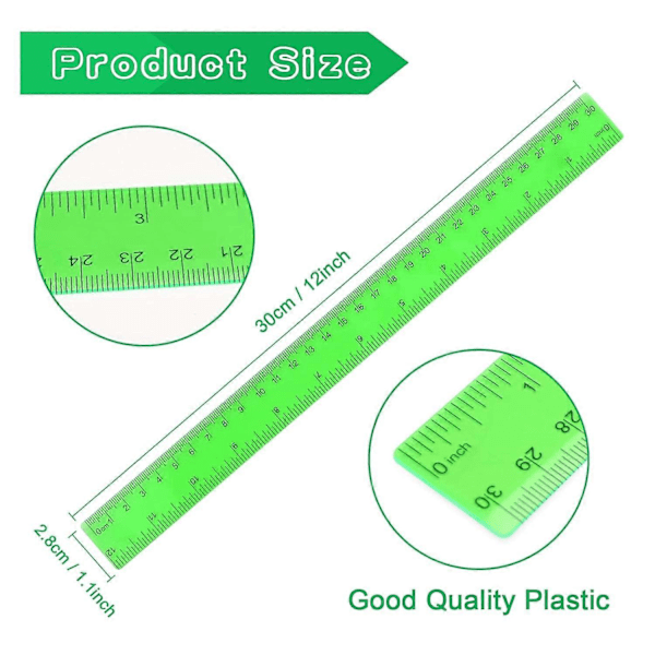 24 stk. 30 cm plastiklinealer 12 tommer farverige transparente linealer med tommer og metrisk for børn, skoleelever, klasseværelse, kontor