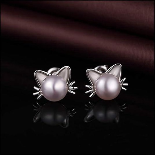 Katteøreringe 18K Hvidguldbelagt 925 Sterling Sølv Katteøre Stud Øreringe, Ferskvandsperle Stud Øreringe 7,5-8mm, 925 Sterling Sølv Sød Kat Stud