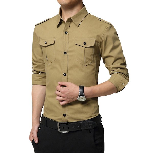 Sliten Slim Fit Bomull Casual Skjorta för Män XS Khaki