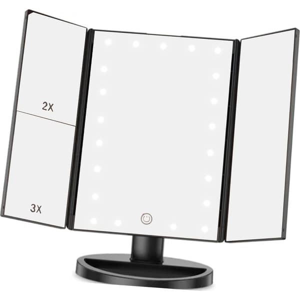 Sort foldbart tredobbelt LED makeup-spejl med USB-kabel - Lille spejl til soveværelset og hverdagsbrug