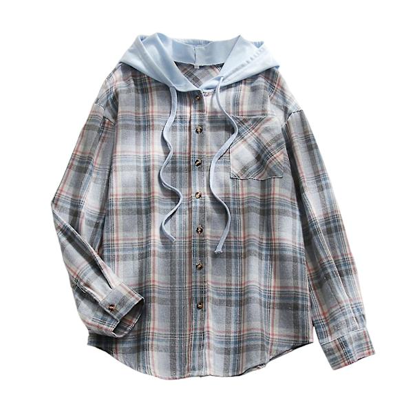 Kvinnors Casual Rutig Hoodie Skjorta - Lös Passform Långärmad Knapp Blus L Himmelblå