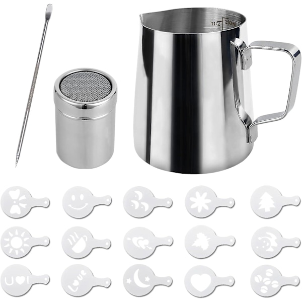 Mjölkskummande set i rostfritt stål med Latte Art-penna - 350 ml (12 oz) skummande kanna för kaffe Cappuccino