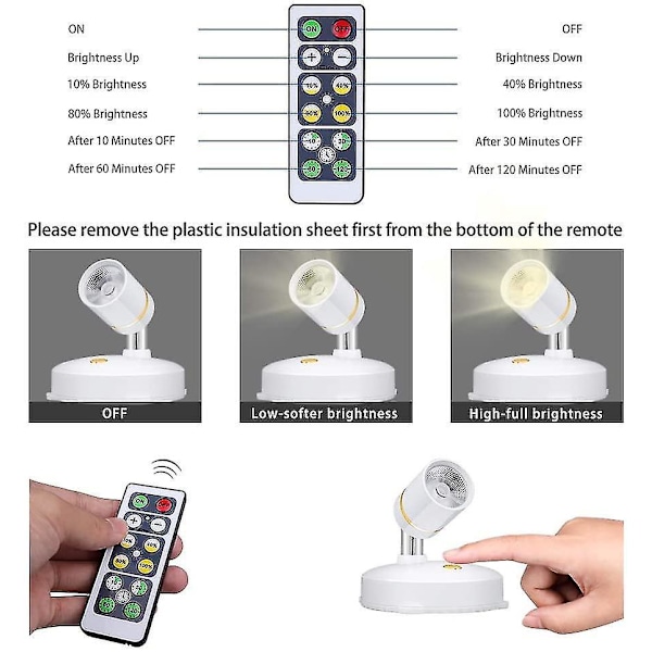 Trådløse batteridrevne mini-aksentlys - Dimmer LED-spotlight med fjernkontroll - Fest hvor som helst, roterbar veggmontering