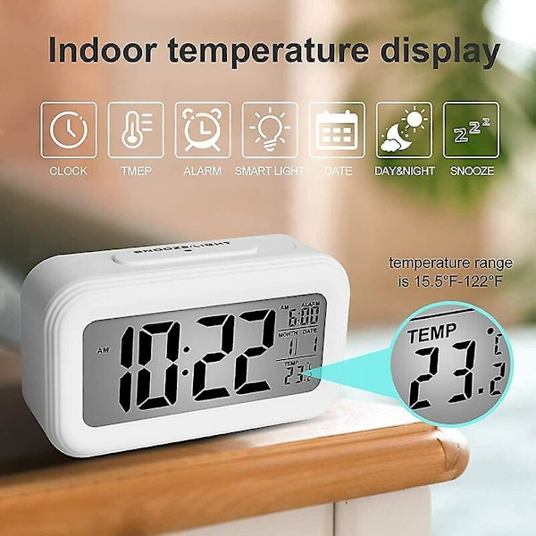 Digital Väckarklocka Morgonväckarklocka, Tyst Batteridriven Digital Väckarklocka för Barn Vuxna Stor LED-Display Temperatur Kalender (Vit)
