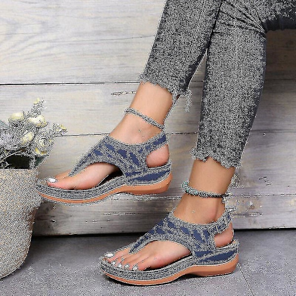 Ortopediska Blåa Flip Flops - Dam Casual Låga Kilklacksandaler (UK8.5/EU43)