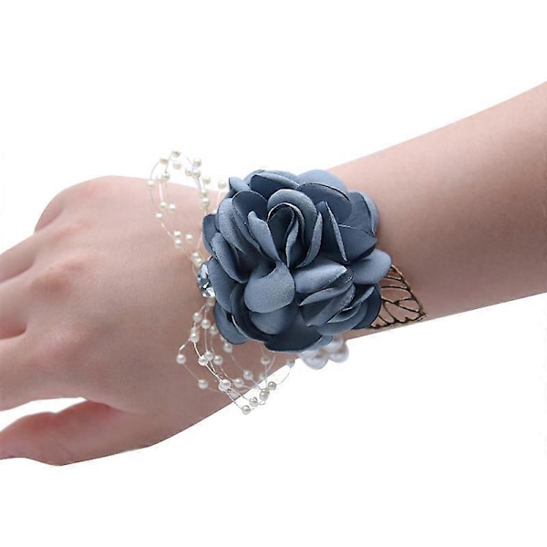 Jenter brudepike håndledd corsage brude silke håndleddsblomster med faux perleperler stretch håndledd (Mørk blå)