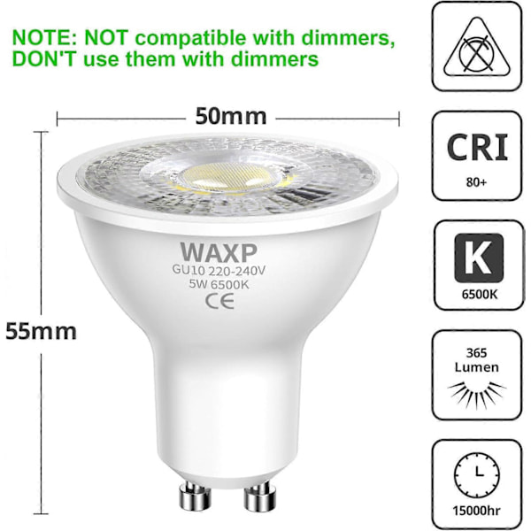 GU10 LED Spotlight Lampa 5W, Kallvitt, 6000K, 365lm, Flimmerfri, Energibesparande LED-lampa, Ej Dimbar, 2-pack
