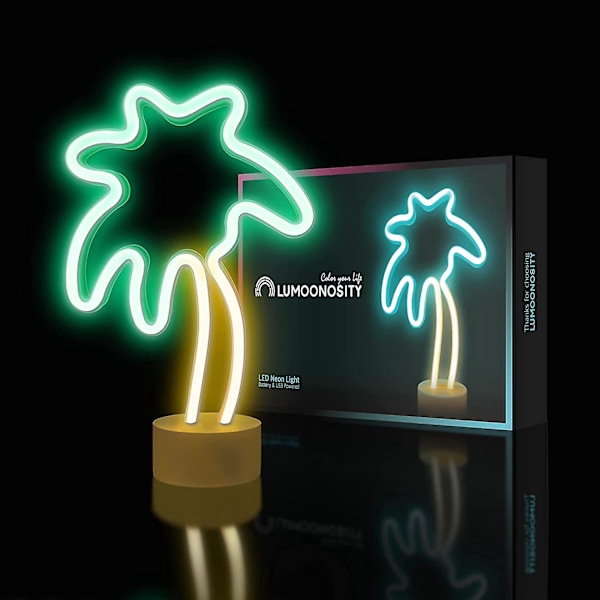 Palm Light neonlogo - kookospuun neonvalo makuuhuoneeseen, työpöydälle, työpöydän koristeluun - Paristo / USB LED Palm Light - Palm Light jalustalla - vihreä ja