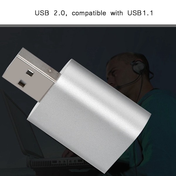 7.1-kanals ekstern USB 2.0 til 3,5 mm stereo lydkort mikrofonadapter høyttaler (sølv)