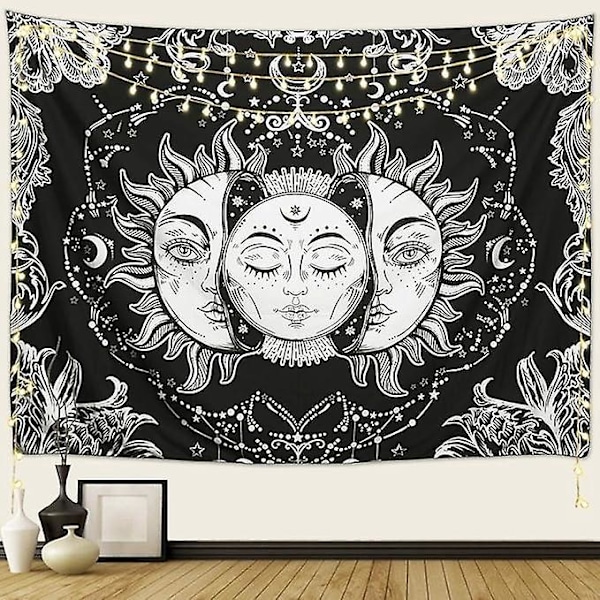 Sol og Måne Gobelin, Sol og Stjerner Psykedelisk Pop Mystisk Vægophæng Gobelin til Soveværelse Æstetisk Sort og Hvidt Strandtæppe (150*130cm)