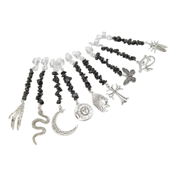 9PCS Skjeggpynt Dreadlock-anheng DIY Hår-flette Tilbehør Metallfjær Sorte Steiner