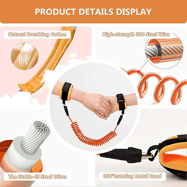 2,5M Anti-tabt Håndledsrem, 360 Graders Roterende Sikkerhed Elastisk Wire Reb til Baby- og Småbørns Tøjler, Sikkerhedsline Håndledsbånd/Håndsele (Orange)
