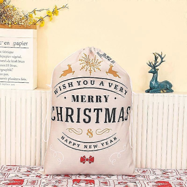 Julepose i lerret, Stor lerretspose med snøring, DIY bomulls festpose for oppbevaring av store julegaver