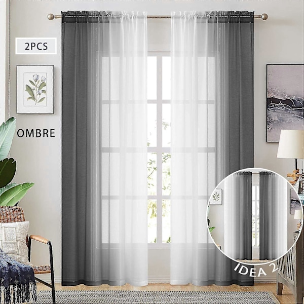 2025 Egnede Sorte Ombre Faux Hør Tynde Gardiner til Soveværelse Stue Stanglomme, 2 Tone Reversible Gradient Voile Semi Vinduesgardiner, Privatliv