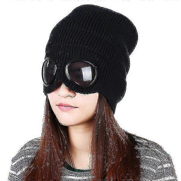 Unisex Vinter Varm Strikket Uld Tyk Hue Brille Hue Beige