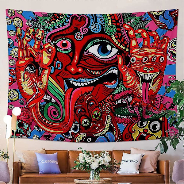 (Ansikte, L / 150x200cm) Psykedelisk Arabesque Tapestry Väggbonad Hippie Väggbonad Abstrakt Retro Mönster Tapestries Magisk Fraktal Tapestry för B