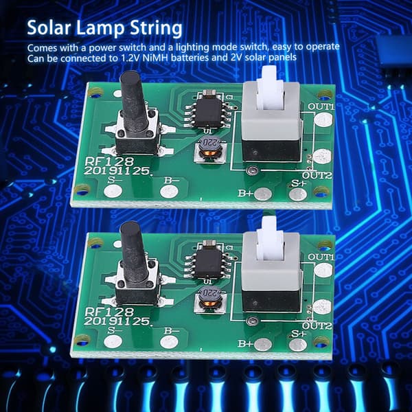 2 stk. Solar Lampe Lysstreng Controller Modul Printkort med 8 slags lystilstande og kontakt 1,2V