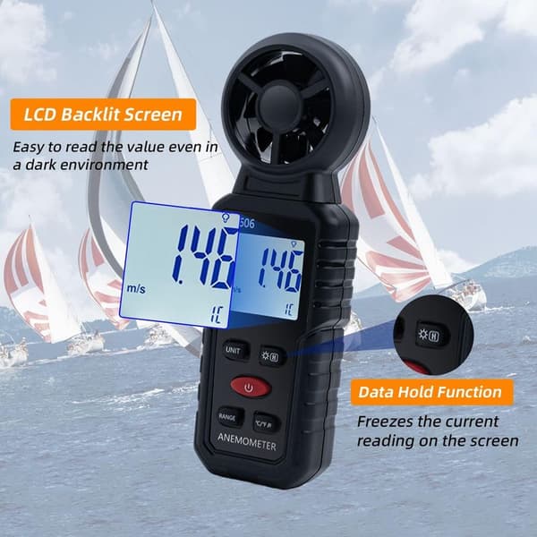 3-i-1 Bærbar Digital Anemometer, 0-45m/s Måling af Vindhastighed, Vindkraft og Vindtemperatur, Ideel til Navigation og Flyvning