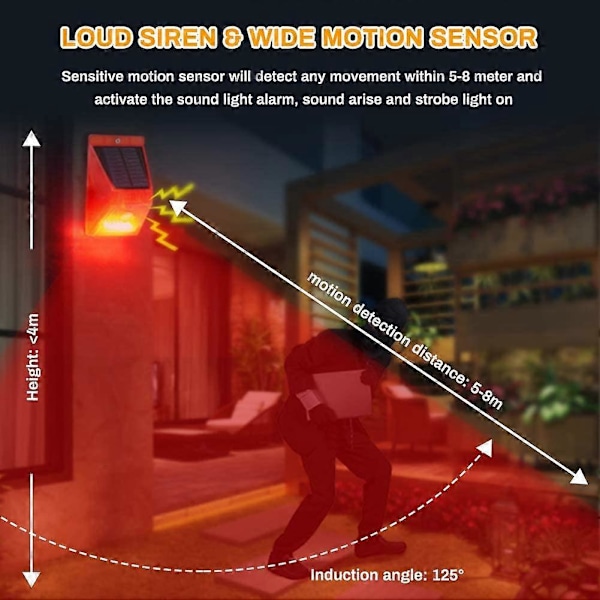 Solar Stroboskoplampa med Rörelsesensor Achort IP65 Vattentät LED Solar Alarmdetektor med Fjärrkontroll, 129db Ljud Säkerhet Vattentät Siren för H
