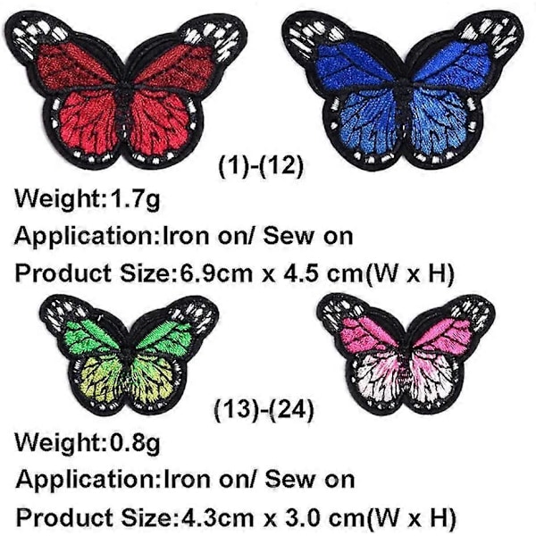 24 Stk. Sommerfugl Broderi Sommerfugl Stryge-på-patch Sommerfugl Sy-på-patches til DIY Dekoration T-shirt Jakke Reparationspatches